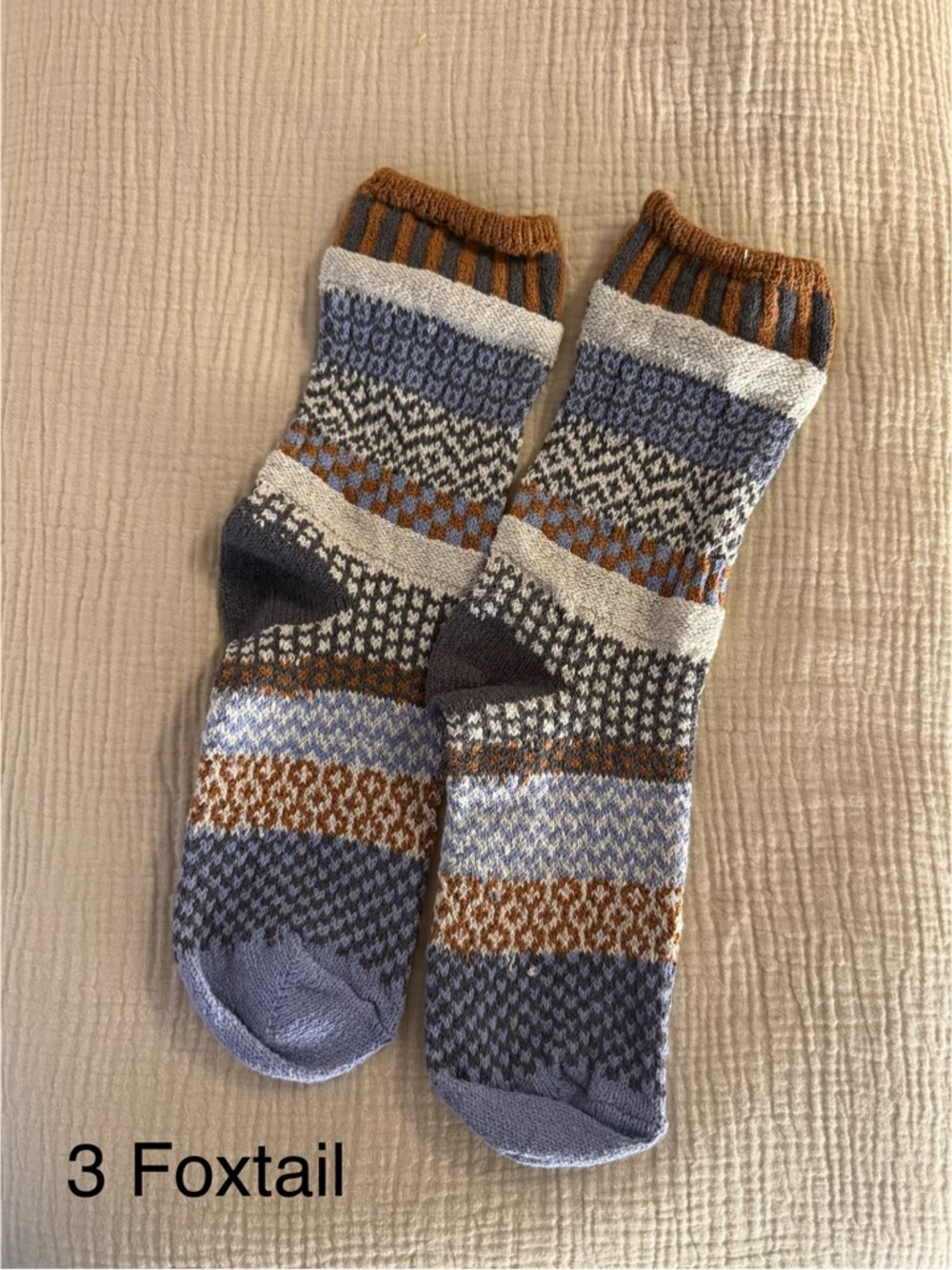 Solmate Socks Women’s Patterned Crew Socks - Blue, Brown & Cream